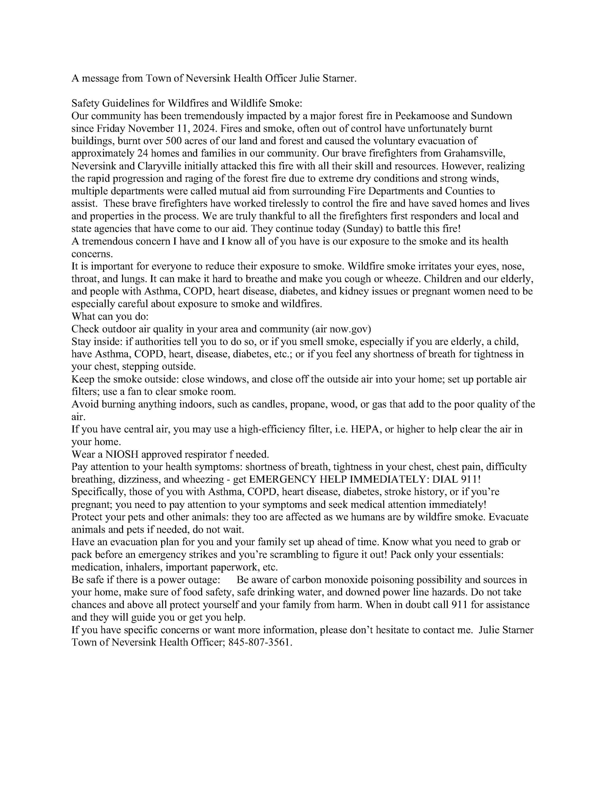 Message from Town of Neversink Public Health Officer 11/10/2024