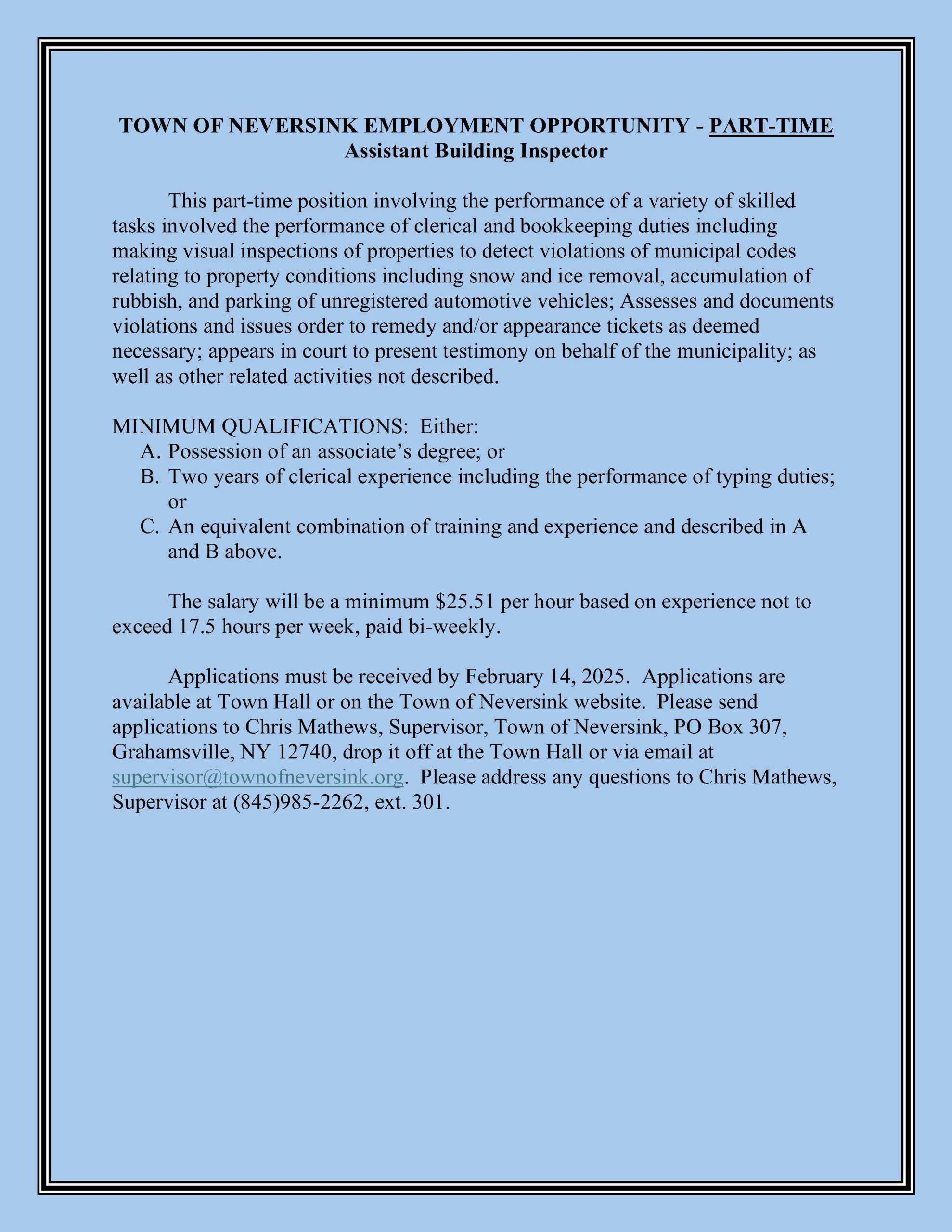 Part-time Assistant Building Inspector 1/17/2025