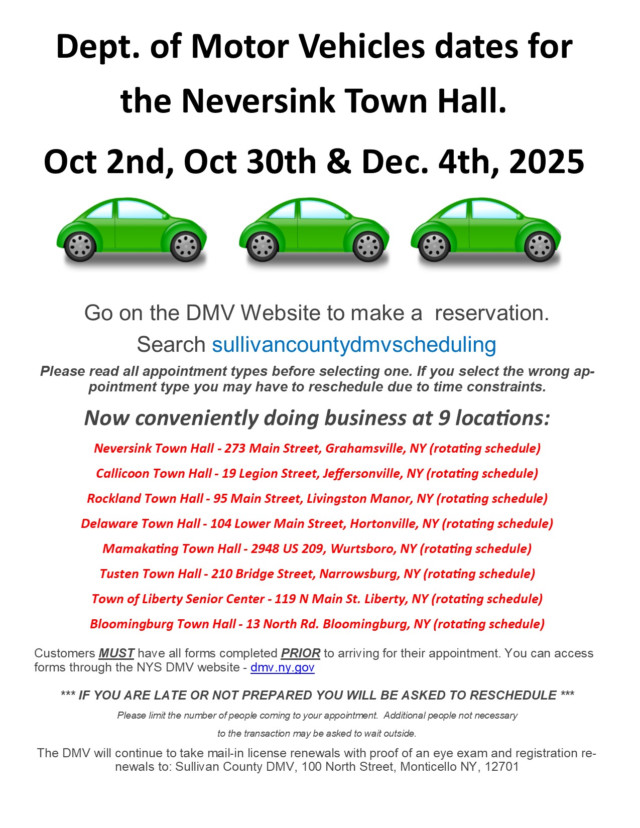 DMV Fall Schedule – Grahamsville