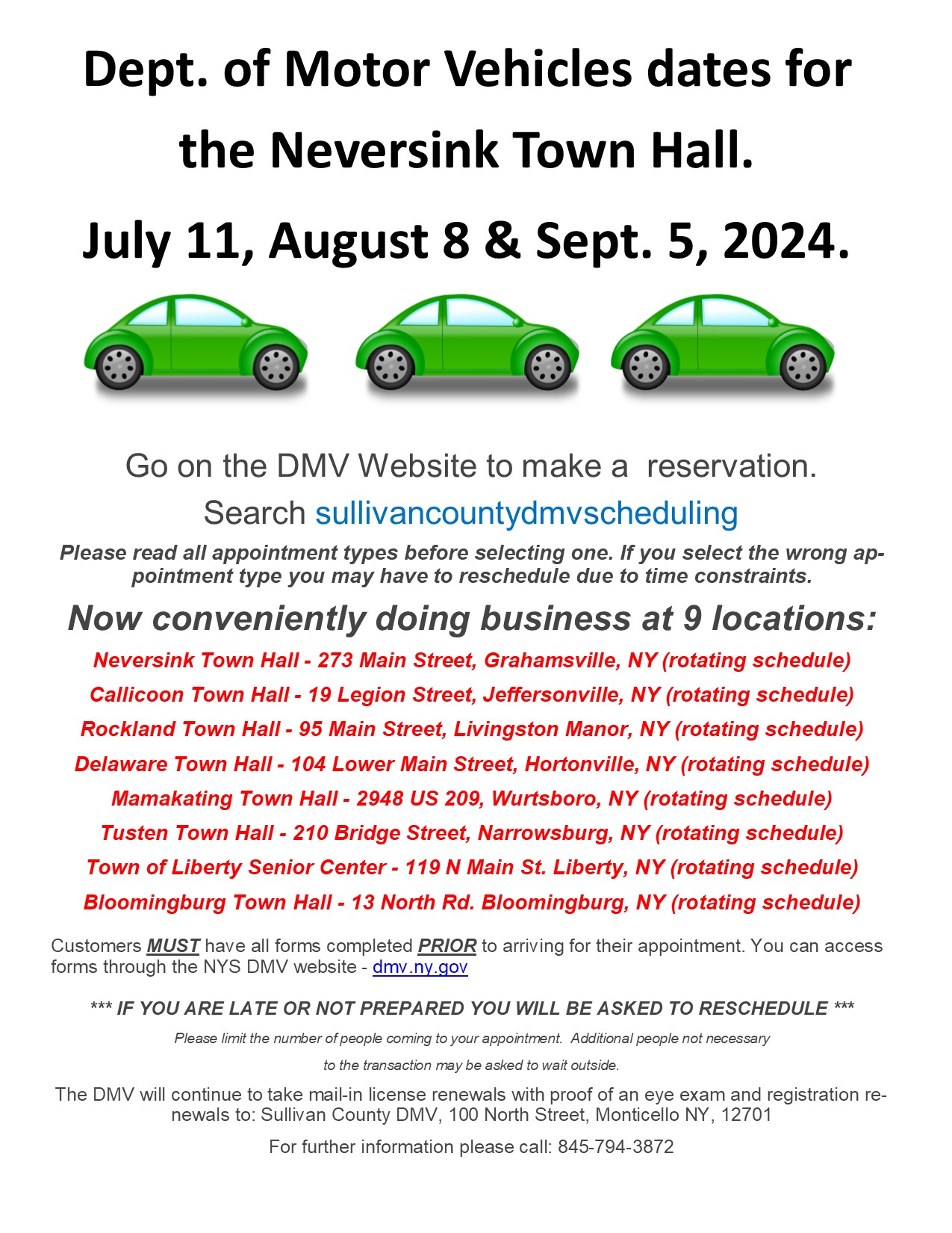 Neversink DMV Schedule Summer 2024