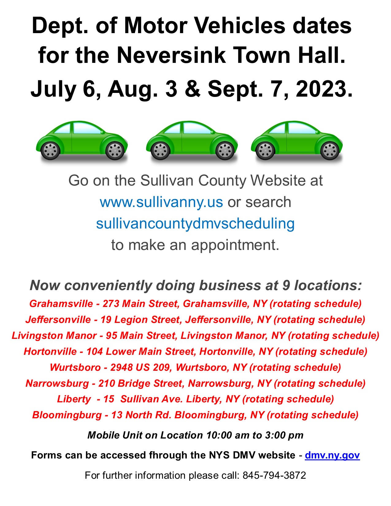 DMV Neversink Town Hall Dates