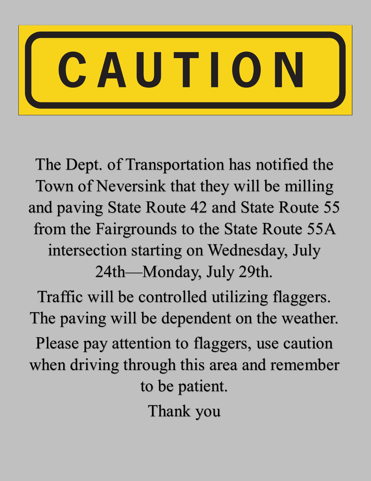 DOT Road Work 7/24-7/29/2024