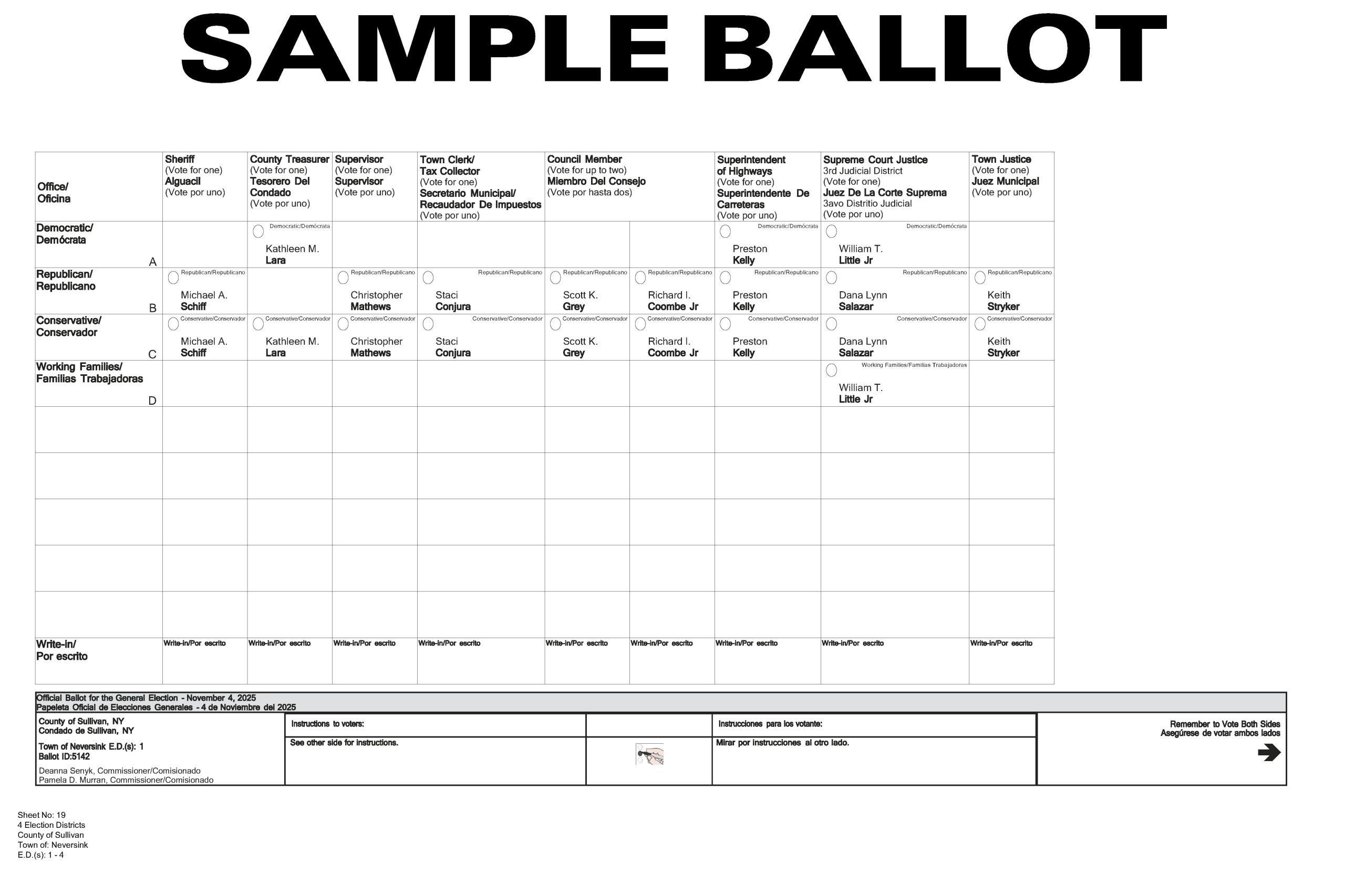 Town of Neversink Sample Ballot – 11/04/25