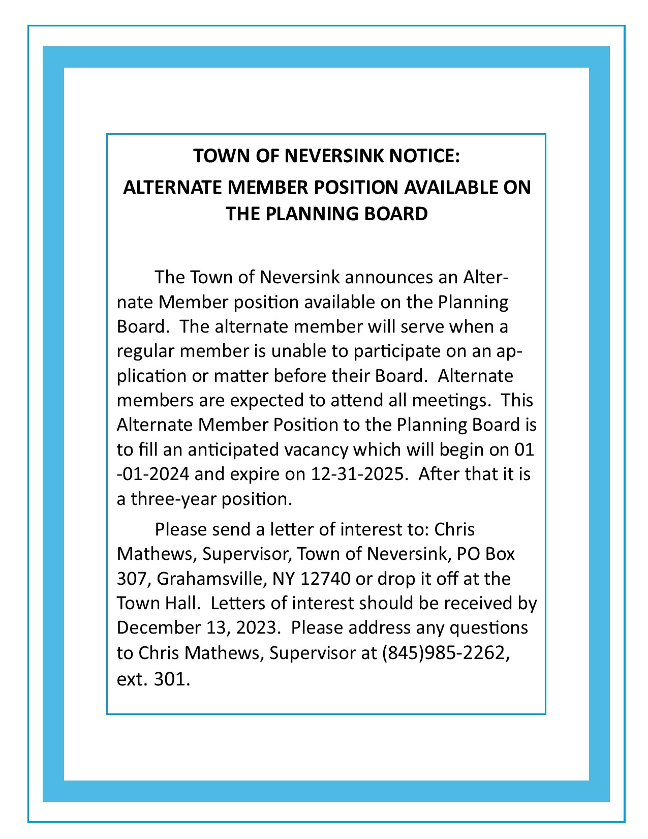 Planning Board Alternate Position available