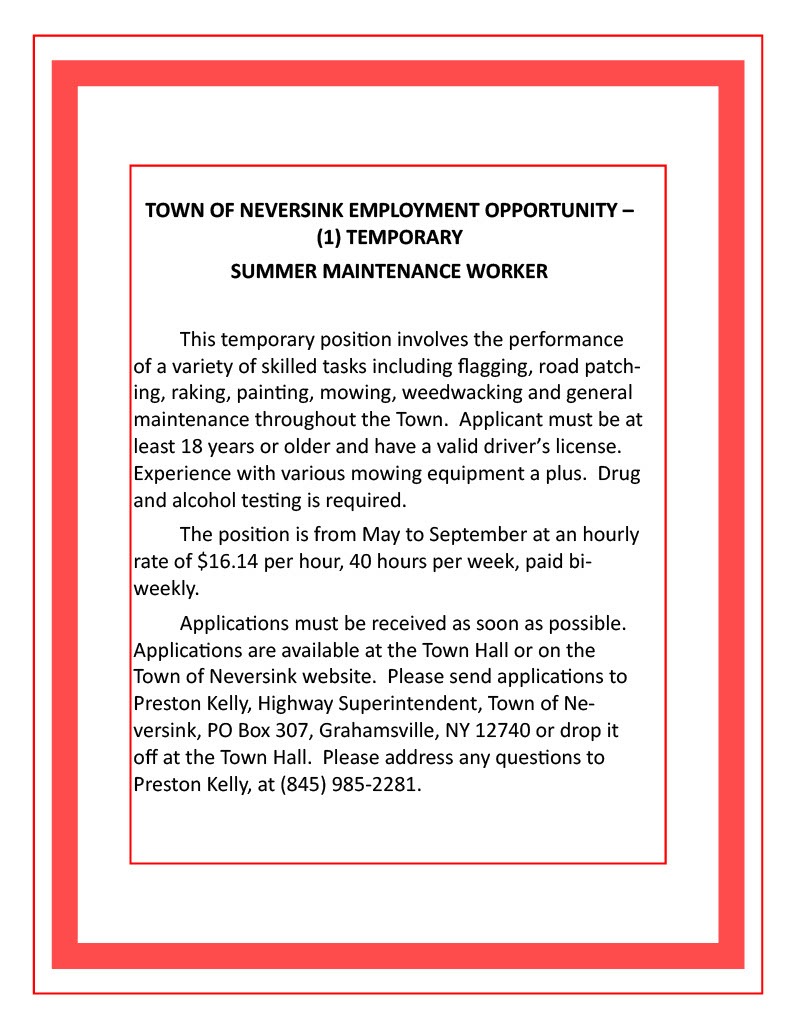 2 HWY DEPT Summer Positions Available